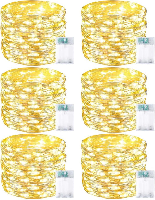 6 Pack Fairy Lights Battery Operated with Timer, Each 20FT 60LED Christmas String Lights Outdoor Indoor, Cuttable Battery Twinkle Light for Bedroom Home Wedding DIY Christmas Decorations (Warm White)