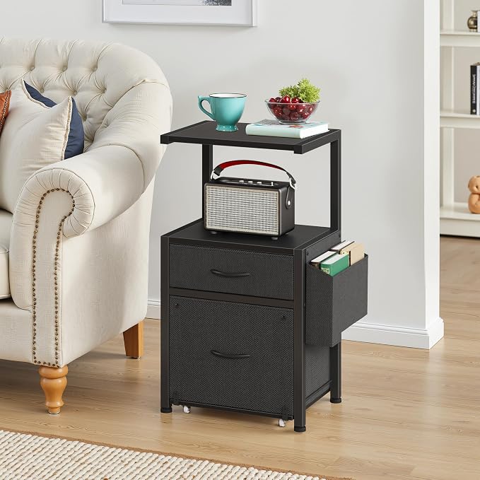 HIGDBFE 2-Drawer File Cabinet with Printer Stand & Dual Shelves, Black | 2-Tier Printer Storage, Letter File Drawer, Reversible Side Bag, Smooth Drawer Slides, Rolling Support Board