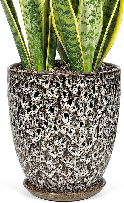 11.8 Inch Flower pots for Indoor Plants,Ceramic Planter with Saucer Drainage Leak-Proof Mesh Gardening Gloves (Spotted White)
