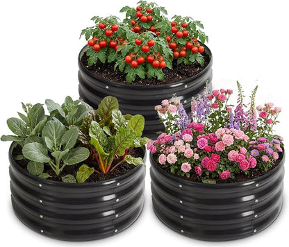 3 PCS Round Raised Garden Bed 2x2x1 ft, Metal Outdoor Planter Box Kit with Safety Rubber Edge, Easy Assemble Bottomless Small Planting Container for Vegetable, Flower, Fruit, Grey
