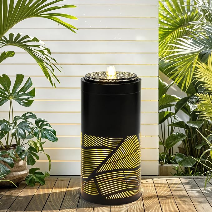23.6" Outdoor Water Fountain with LED Lights, Metal Cutout Geometric Patterns Modern Garden Fountain with Pump, Soothing Cascading Water Flow for Patio, Deck, Porch Décor