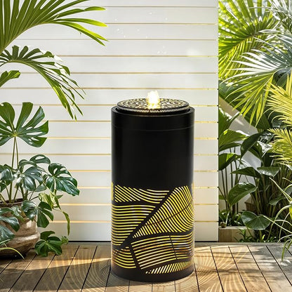 23.6" Outdoor Water Fountain with LED Lights, Metal Cutout Geometric Patterns Modern Garden Fountain with Pump, Soothing Cascading Water Flow for Patio, Deck, Porch Décor