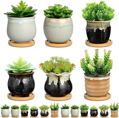 Remerry 6 Pcs Small Succulent Pots Bulk with Drainage Assorted 3.5 Inch Mini Ceramic Succulent Planters Pot with Coaster Bamboo Plant Tray Planting Pots for Home Office Garden