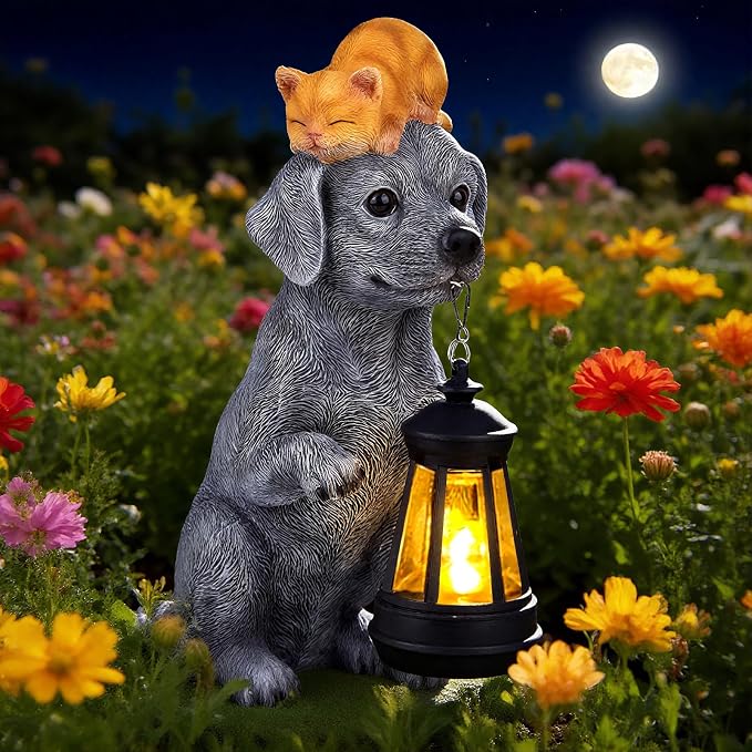 for Mom – Solar Dog Garden Statues with Lantern and Sleeping Cat, Resin Pet Figurine Light for Outdoor Yard Decor, Gift for Women Grandma