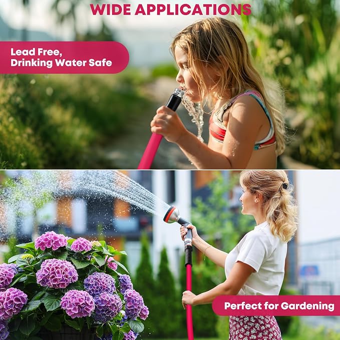 Kohree 50 FT RV Water Hose with Storage Bag, 5/8'' Premium Drinking Water Hose, Leak-free, No Odor, Anti-Kink and Flexible Garden Hose for RV, Camper, Truck, Car - Pink