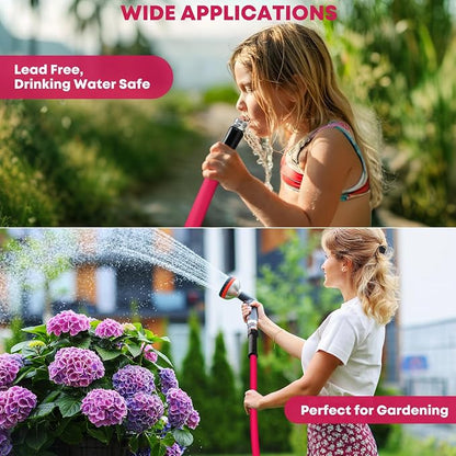 Kohree 50 FT RV Water Hose with Storage Bag, 5/8'' Premium Drinking Water Hose, Leak-free, No Odor, Anti-Kink and Flexible Garden Hose for RV, Camper, Truck, Car - Pink