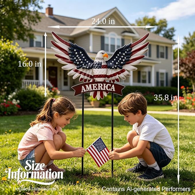 Eagle Patriotic Decor Garden Stakes Decorative Large 35.8in with America Sign, 4th of July Decorations Red White Blue Decor American Flag Memorial Day Decorations Metal Yard Art