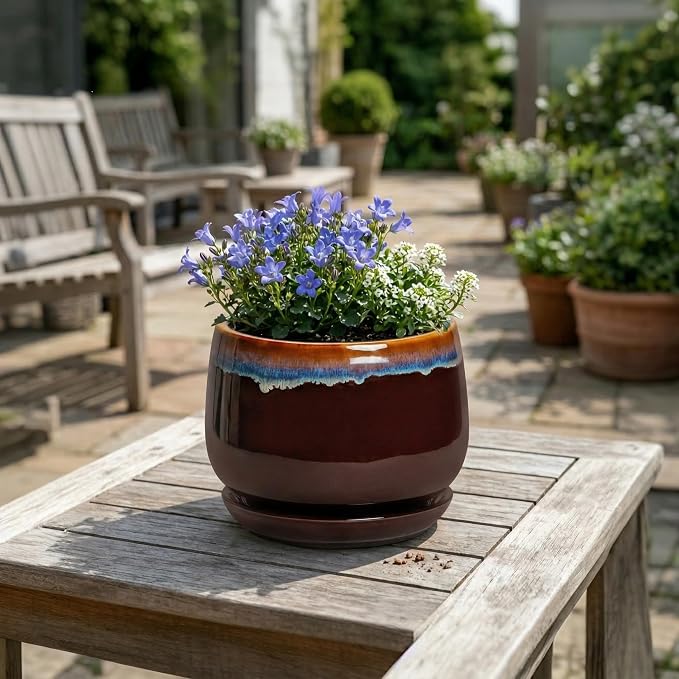 Ceramic Planter - 7 Inch Plant Pots with Drainage Hole and Saucer, Decorative Pots for Indoor Plants, Round Rustic Flower Pot, Office Home Decor, Gifts for Plant Lovers Women, Brown-Blue