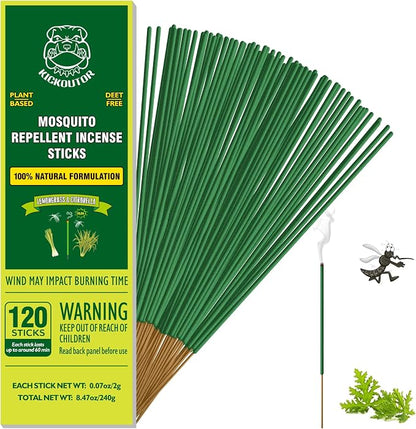 KICKOUTOR Mosquito Repellent Incense Sticks with Natural Citronella Oil, 120 Count DEET-Free Outdoor Protection for Patios, Backyard Gatherings & Camping, Up to 1 Hour Against Gnats & No-See-Ums