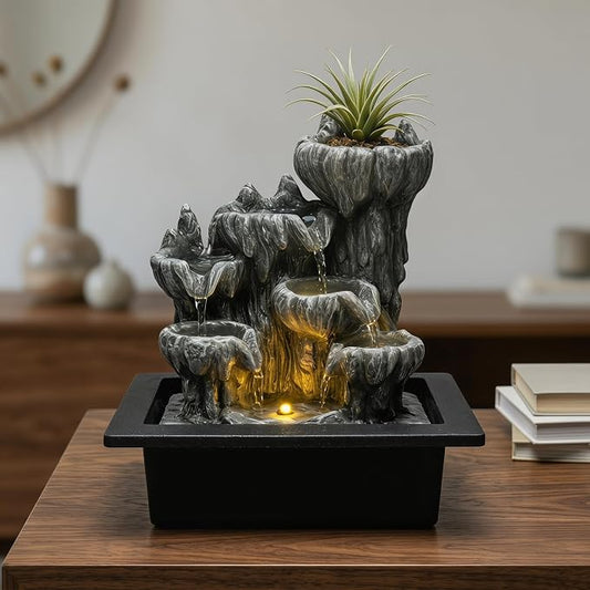 Indoor Cave Rock Waterfall Fountain with Warm Light,Tabletop Fountain with Planter Niche, Zen Water Feature for Home Office Desk Decor