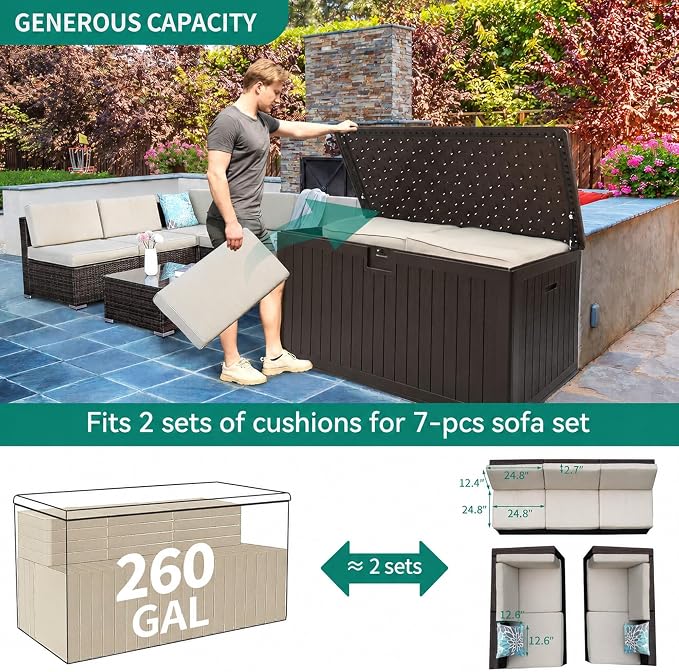 YITAHOME 260 Gallon Double-Wall Deck Box with Divider & Side Handles | Outdoor Large Storage for Patio Furniture Cushions, Garden Pool Accessories, Water Resistant & Lockable