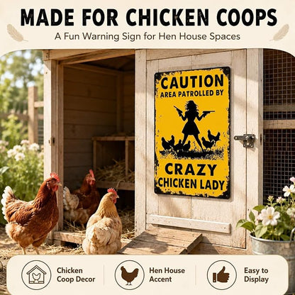 PEACHGARDEN Chicken Coop Signs for Outside, Crazy Chicken Lady Aluminum Metal Sign, Funny Hen House Warning Plaque, Backyard Garden Farmhouse Wall Art Decor, 8x12 Poultry Lover Gift