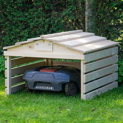 dobar® Robot Lawnmower Garage Made of Wood with Removable Roof - Lawn Robot Shelter with Customisable Sign - 78.5 x 74 x 52.5 cm - Natural