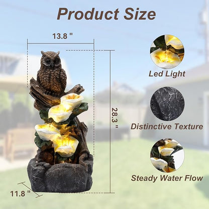 28" Outdoor Water Fountain with Led Lights, 4-Tiered Owl & Calla Lil Water Fountain, Outdoor Garden Waterfall Decor for Garden, Patio, Courtyard