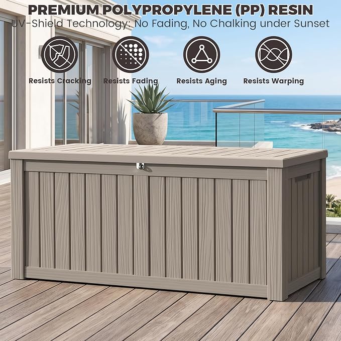Outdoor Storage Box, 150 Gallon Waterproof Deck Box [Upgraded 3.0], Piston-Assisted Resin Trunk for Sectional Sofa Cushions, High-Capacity Lockable Double Storage Bench, Patio Lounge, Grey