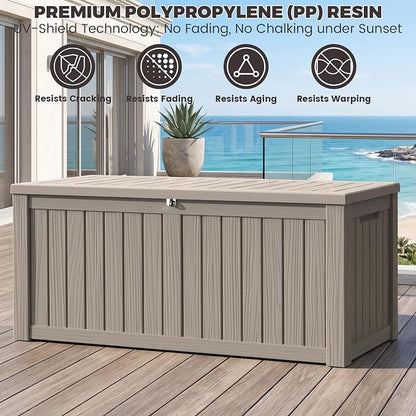 Outdoor Storage Box, 150 Gallon Waterproof Deck Box [Upgraded 3.0], Piston-Assisted Resin Trunk for Sectional Sofa Cushions, High-Capacity Lockable Double Storage Bench, Patio Lounge, Grey