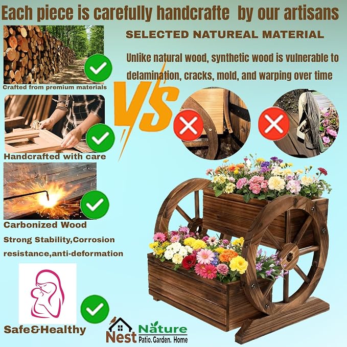 NestNature Wooden Wagon Planter Box|Raised Garden Bed W/Wheels for Plants | 2 Tier Classic Rustic Flower Pot Use Indoor&Outdoor Decor On Patio,Porch,Garden-Outdoor Planter For Flowers,Herbs,Vegetables