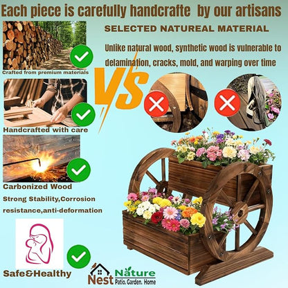 NestNature Wooden Wagon Planter Box|Raised Garden Bed W/Wheels for Plants | 2 Tier Classic Rustic Flower Pot Use Indoor&Outdoor Decor On Patio,Porch,Garden-Outdoor Planter For Flowers,Herbs,Vegetables