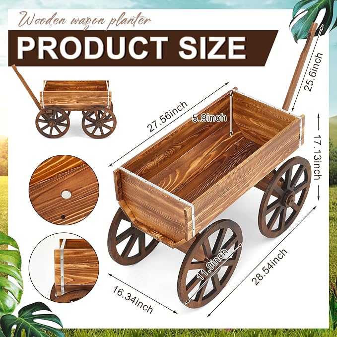 Beeveer Wooden Wagon Flower Planter Cart Garden Planter Box with Wagon Wheels Cart for Home Garden Outdoor Balcony Decorative, Patio Flowers Herbs Vegetables, Brown 29.5 x 17(Elegant)