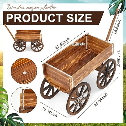 Beeveer Wooden Wagon Flower Planter Cart Garden Planter Box with Wagon Wheels Cart for Home Garden Outdoor Balcony Decorative, Patio Flowers Herbs Vegetables, Brown 29.5 x 17(Elegant)