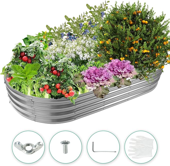 12" Tall Oval-Shaped / Elliptic Metal Raised Garden Bed Outdoor Silver | 72X36X12 Inch,1 FT Tall,0.8MM Thick Galvanized Metal Painted,for Variety of Flowers,Herbs,Vegetables.with Gloves,Tool free