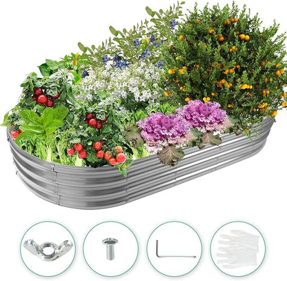 12" Tall Oval-Shaped / Elliptic Metal Raised Garden Bed Outdoor Silver | 72X36X12 Inch,1 FT Tall,0.8MM Thick Galvanized Metal Painted,for Variety of Flowers,Herbs,Vegetables.with Gloves,Tool free