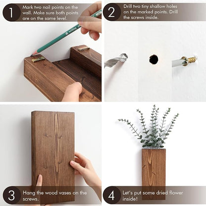 Wood Wall Planter Set of 2, Wood Wall Pocket for Greenery and Dried Flowers, Indoor Wood Hanging Vase, Modern Farmhouse Wall Decor for Living Room Bedroom Office Eucalyptus Stems Decorations (Grey)