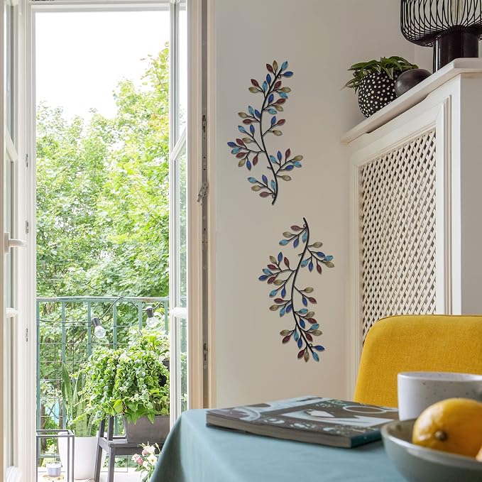 Hotop 2 Pieces Metal Tree Leaf Wall Decor Vine Olive Branch Leaf Wall Art Wrought Iron Scroll Sculptures Above the Bed, Living Room, Outdoor Decoration(Classic Style,Bright Color)