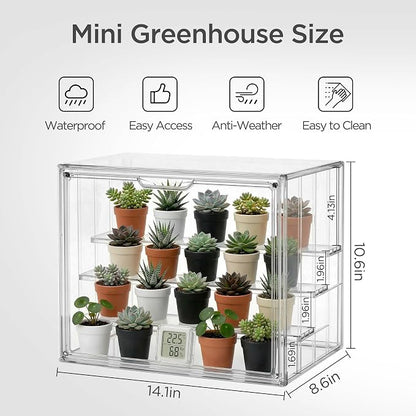 HBlife Mini Greenhouse for Indoor, Clear Stackable Green House with Magnetic Door & Adjustable Drainage Dividers, Tabletop Portable Greenhouse for Small Plants Nursery Germination and Display, 1 Pack