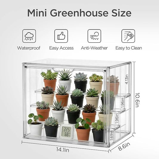 HBlife Mini Greenhouse for Indoor, Clear Stackable Green House with Magnetic Door & Adjustable Drainage Dividers, Tabletop Portable Greenhouse for Small Plants Nursery Germination and Display, 2 Pack