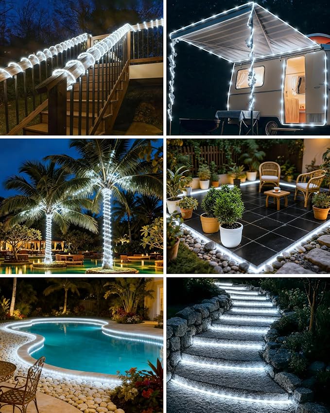 btfarm 4 Pack Solar Rope Lights, 120LED 46FT Solar String Lights Outdoor Waterproof, 8 Lighting Modes Solar Powered Strip Tube for Outside Garden Tree Christmas Yard Patio Wedding Decor, Cool White