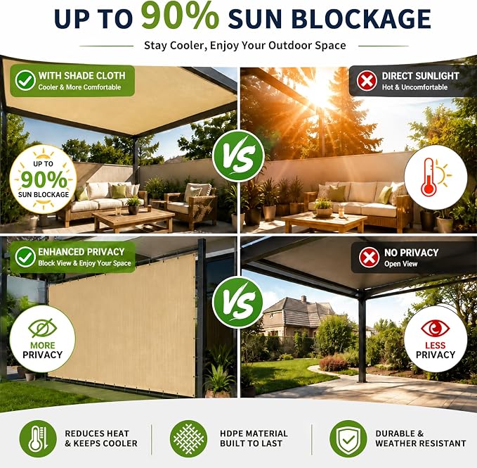 90% Outdoor Sun Shade Cloth, 6’ x 20’, Pergola, Deck, and Backyard Patio Sunshade with UV Protection, Heat Resistant HDPE Material, Reinforced Grommets (6x20 FT,Wheat)