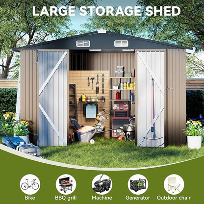 COMHOMA Shed Outdoor Storage Shed Metal,Lockable Doors Tool Sheds with Sloping Roof,Steel Garden Shed with Air Vent for Backyard,Patio,Lawn,Poolside (Brown, 10'x10') | Sloping Roof and Air Vent Perfect for Backyard Patio Lawn and Poolside
