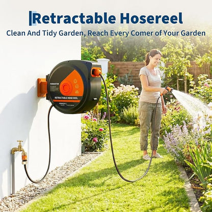 1/2 in x 65 ft Retractable Garden Hose Reel, Wall Mounted, 9-Function Nozzle, Any Length Lock, 180° Swivel, Auto Slow Rewind for Watering Lawn, Washing Car, Cleaning Patio