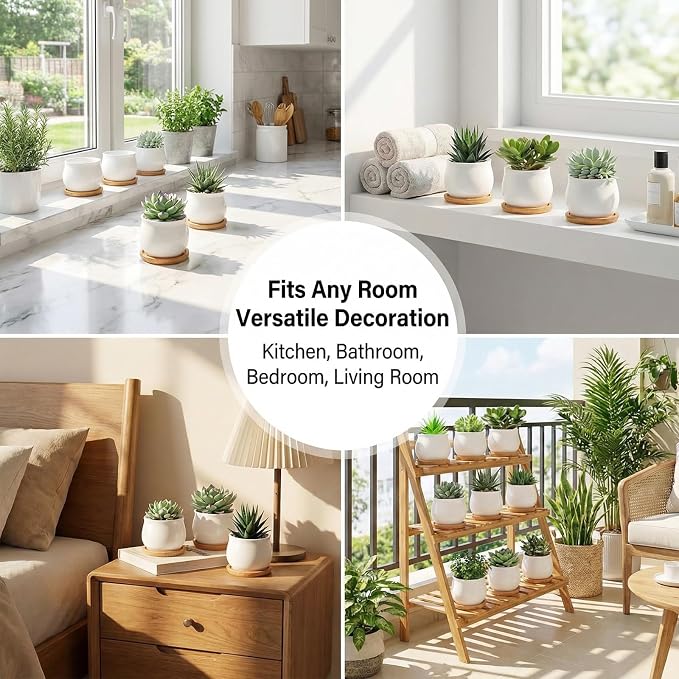 SHECIPIN Succulent Plant Pot, White Mini 2.6 inch Ceramic Flower Planter Pot with Bamboo Tray, Pack of 8 - Plants Not Included
