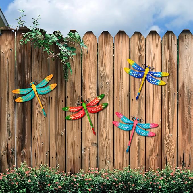 Metal Dragonfly Wall Decor, 4 Pack 13 inch Metal Dragonflies Wall Hanging Sculpture Decorations for Outdoor, Yard Patio Fence Garden Outside Exterior Decor