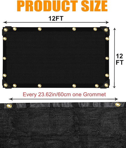 90%-95% Black Sun Shade Cloth 12FT x 12FT, Heavy Duty Outdoor Shade Netting | UV Resistant Breathable Fabric with Reinforced Grommets for Patio Garden Greenhouse Pergola Chicken Coop & Kennel