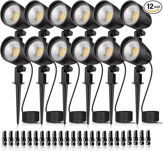 MEIKEE 7W 12V/24V Low Voltage Landscape Lights | 2700K Landscape Lighting IP66 Outdoor Spotlights Warm White Garden Lights with Connectors for Pathway Yard Patio 12 Pack