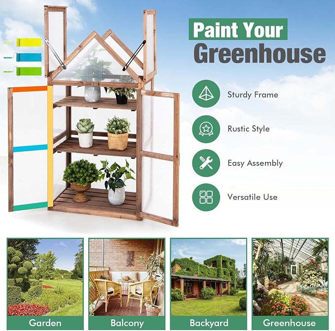 GRAFFY Wooden Cold Frame Greenhouse, Portable Raised Flower Planter Shelf with 3 Removable shelves and Transparent Flip-Top Roof, Mini Greenhouse Cabinet for Outdoor Indoor Use(27" L x 16" W x 58" H )