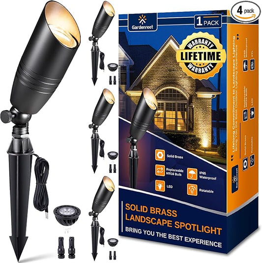 Gardenreet Brass Landscape Lighting - Black Low Voltage Spotlights Outdoor LED, 12V Wired Uplights, Waterproof Spot Lights for Outside Trees with 5W 2700K Warm White MR16 Bulb (4 Pack)