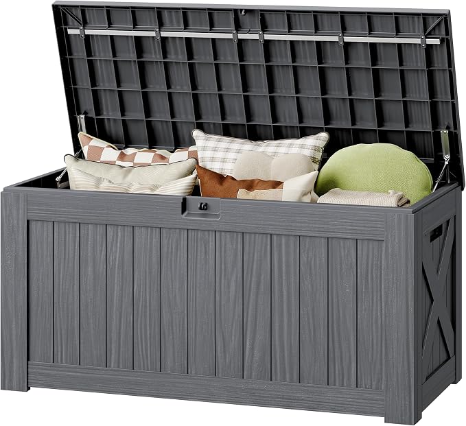 130 Gallon Deck Box Outdoor Indoor Waterproof Storage Box for Patio Furniture, Pool Accessories, Garden Tools, and Cushion Storage, Gray