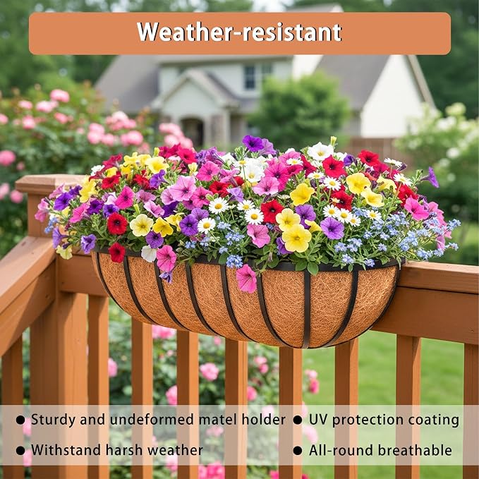 24'' Window Box Railing Planter with Coco Liner,2 Pack Horse Trough Planters Black Metal Hanging Flower Planters Basket for Porch Fence Patio Indoor Outdoor Lawn