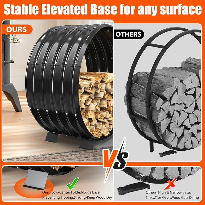 32" Firewood Rack with Roof Cover, Indoor & Outdoor Log Holder Keeps Firewood Dry, Clean & Organized for Fireplace, Patio & Backyard, Heavy-Duty Steel Wood Storage Rack, 500LBS Capacity