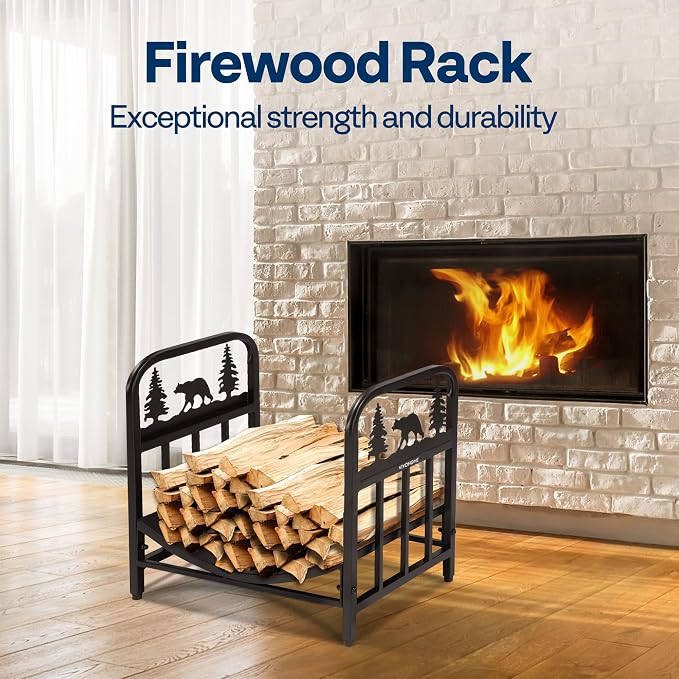 VIVOHOME 16.5 in Decorative Firewood Storage Log Rack with Bear Pattern, Solid Wrought Iron Fireplace Wood Holder Stacker, Indoor Outdoor Waterproof Rustproof