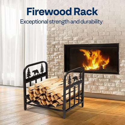 VIVOHOME 16.5 in Decorative Firewood Storage Log Rack with Bear Pattern, Solid Wrought Iron Fireplace Wood Holder Stacker, Indoor Outdoor Waterproof Rustproof