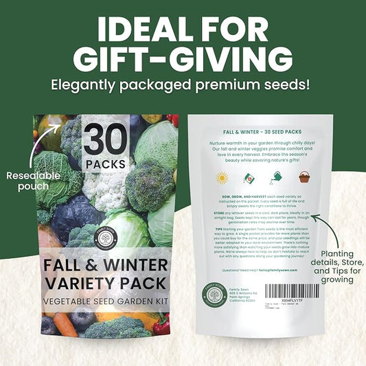 Fall & Winter Seed Variety Pack | 30 Invidiual Packs | 2026 Season | Non-GMO | Beets, Arugula, Carrots, Lettuce & More! | for Planting Indoor & Outdoor | by Family Sown
