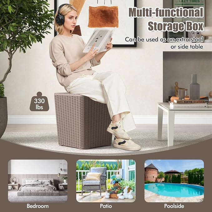 Tangkula 11.5 Gallon Water-proof Deck Box, Outdoor Patio Storage Box w/Removable Lid &, Faux Rattan Storage Container Side Table, All Weather Patio Furniture Extra Seat for Poolside (Brown)