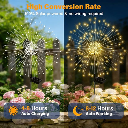 Solar Garden Lights Outdoor Decor Waterproof, 4Pack 120LED Firework Lights for Garden Decorative, Fairy Lights Solar Powered for Yard, Patio,Pathway,Flowerbed,Planter,Party(Warm White)