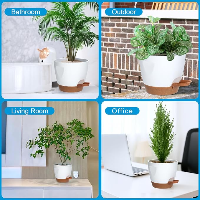 Self Watering Plant Pots with Drainage & Saucers, 5-Pack 7/6.5/6/5.5/5 in - Plastic Flower Pots for Indoor Plants, Succulents & Herbs, Planters for Indoor Outdoor & Balcony (White)