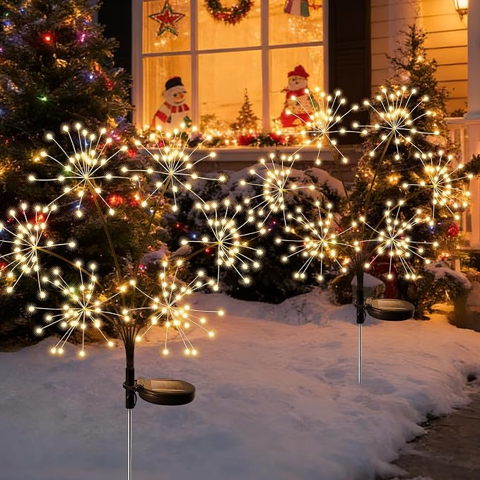 JJGoo 2 Pack Solar Garden Lights Outdoor Waterproof, New Upgraded 6 Branches Firework Starburst Lights with 2 Modes, Solar Fairy Lights for Yard Garden Patio Pathway Party Decor - Warm White